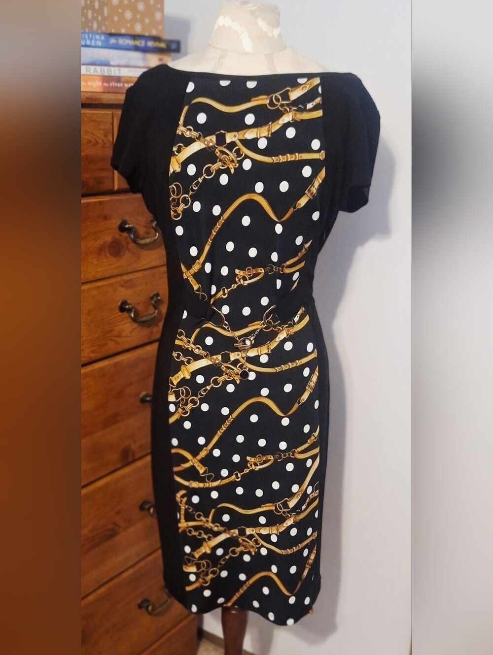 Frank Lyman Black and Gold Chain Print Dress
